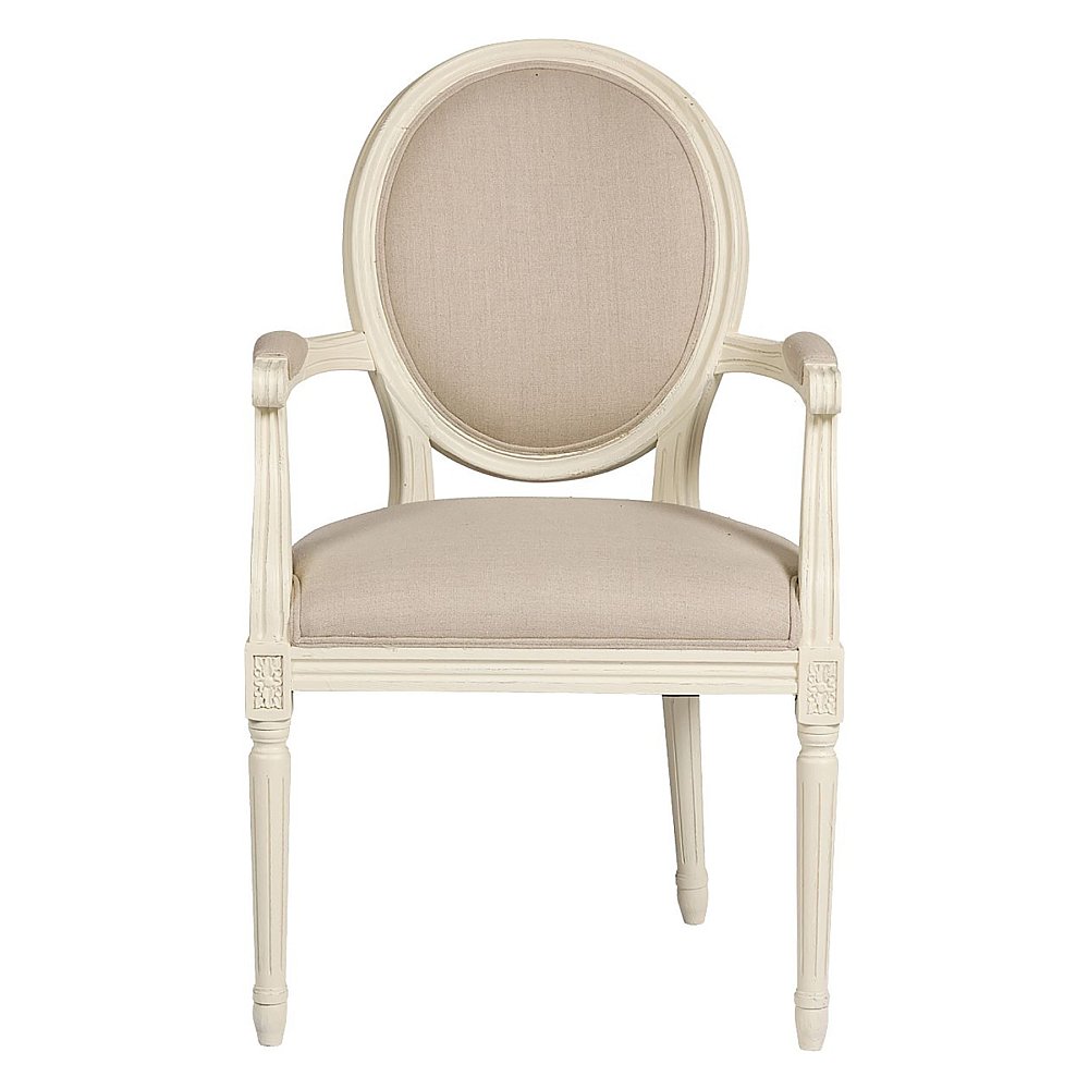 Кресло Vintage French Round Кремовый Лен Кресло Vintage French Round Кремовый ЛенКресла<br>Это кресло напоминает мебель времен Людовика <br>и Марии-Антуанет. Ведь именно тогда был <br>пик расцвета стилей Прованс и Барокко. Выполненное <br>в современном толерантном стиле, кресло <br>Vintage French Cane Back Round, тем не менее, ярко показывает <br>свои французские истоки. Действительно, <br>оно бы украсило не один дворец или палаццо. <br>Классические округлые формы деревянного <br>каркаса из дуба, своеобразная спинка в виде <br>медальона, высокие тонкие ножки и округлые <br>бока — стиль Прованс! Простое и изысканное, <br>легкое и воздушное, кокетливое и притягательное <br>— вот так можно описать кресло Vintage French <br>Cane Back Round. Прекрасно подобранное сочетание <br>белого и бежевого цветов придает очарование <br>и шарм. Этот предмет украсит гостиную или <br>столовую, бальный зал или спальню. Купите <br>это кресло в нашем интернет-магазине — <br>вы не разочаруетесь!<br><br>Цвет: Бежевый<br>Материал: Ткань, Поролон, Дерево<br>Вес кг: 8,5<br>Длина см: 58,5<br>Ширина см: 61<br>Высота см: 102