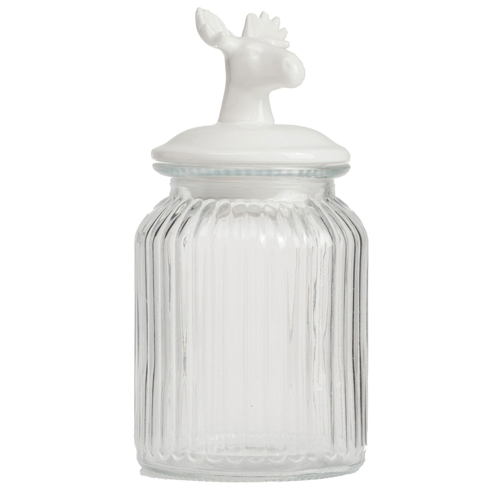 Декоративная банка с крышкой Deer Средняя Декоративная банка с крышкой Deer СредняяКухонные принадлежности<br>Декоративная банка с крышкой: стеклянная, <br>керамическая крышка<br><br>Цвет: Белый<br>Материал: Стекло, Керамика<br>Вес кг: 0,7<br>Длина см: 10<br>Ширина см: 10<br>Высота см: 22