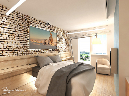 Интерьер спальни в стиле лофт, проект «Ул. Береговая. Квартира 84.1м²»