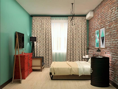 Интерьер спальни с вертикальными жалюзи в современном стиле, проект «Интерьеры»