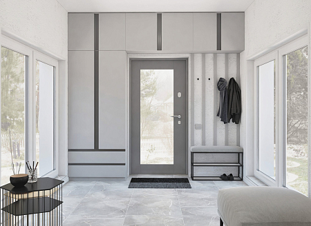 Интерьер прихожей с порогом, проект «Monochrome house»