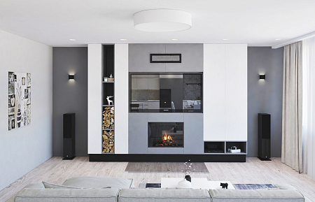 Интерьер гостиной с подсветкой настенной, проект «Monochrome house»
