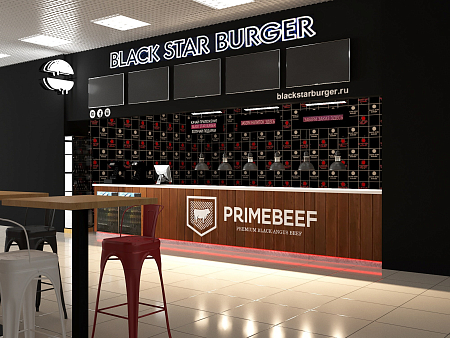 Интерьер в современном стиле, проект «Фудкорт Black Star Burger в Краснодаре. ТРК 