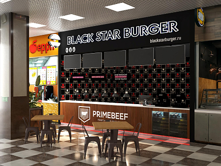 Интерьер кафе и ресторана в современном стиле, проект «Фудкорт Black Star Burger в Краснодаре. ТРК 