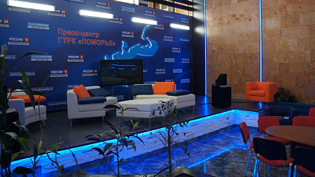 Интерьер с подсветкой светодиодной и с подсветкой в современном стиле, проект «Холл и зимний сад Телевизионной компании»